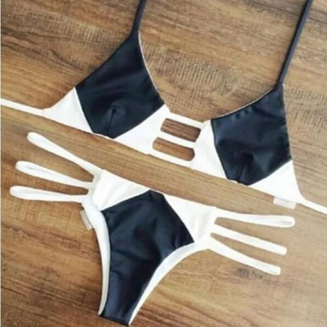 Black And White Bikini Contraster Color Bandage Triangle Swimsuits Bikini Set