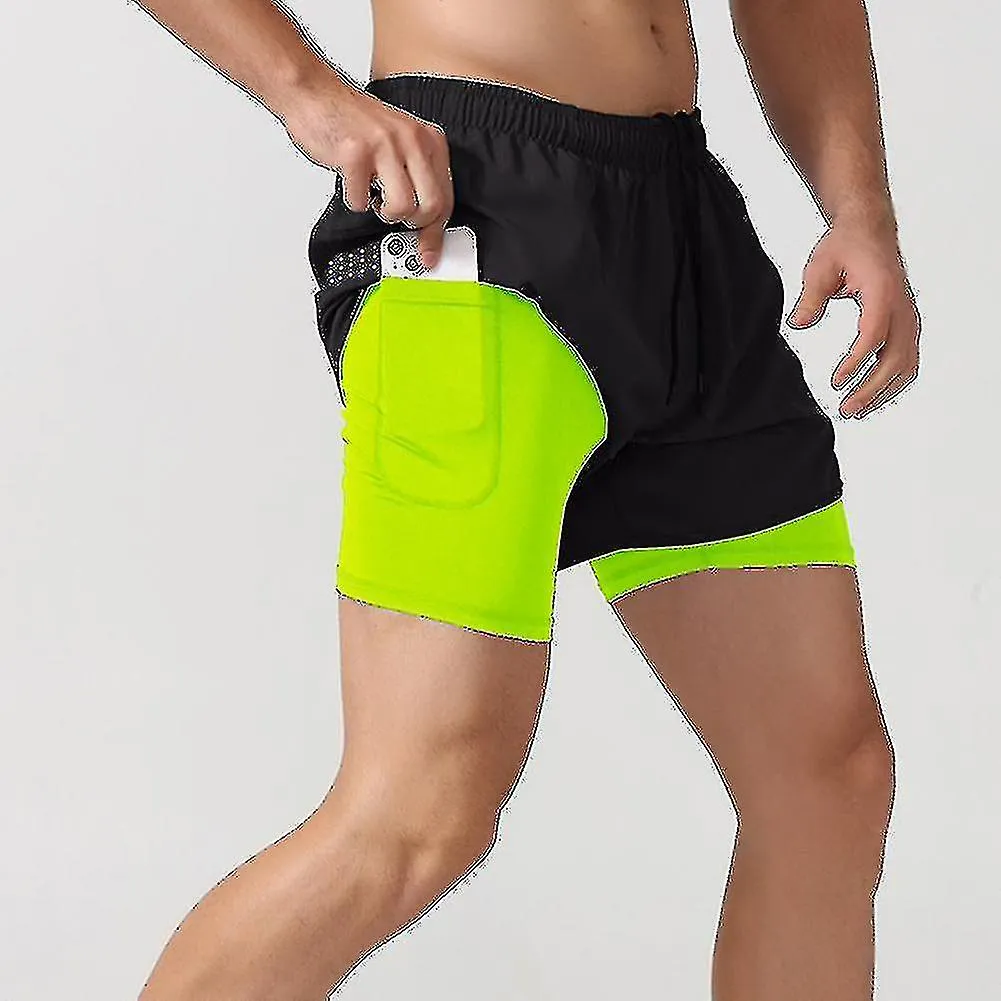 Double Layer Sports Shorts For Men Quick Dry Fake 2-piece Fitness Pants