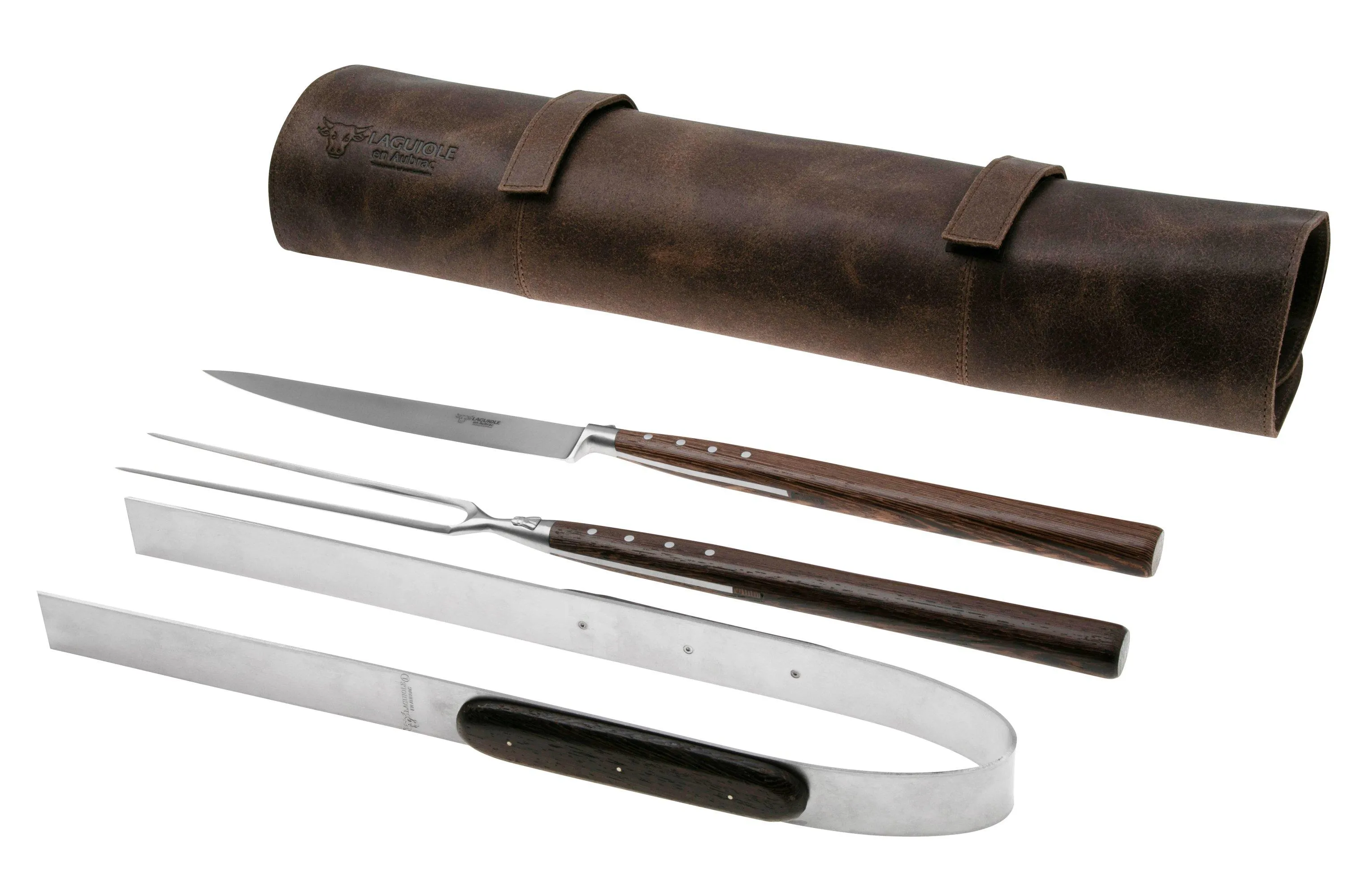 Laguiole en Aubrac Barbecue Set, SMB99WEI, Wenge, 3 piezas con rollo de cuero
