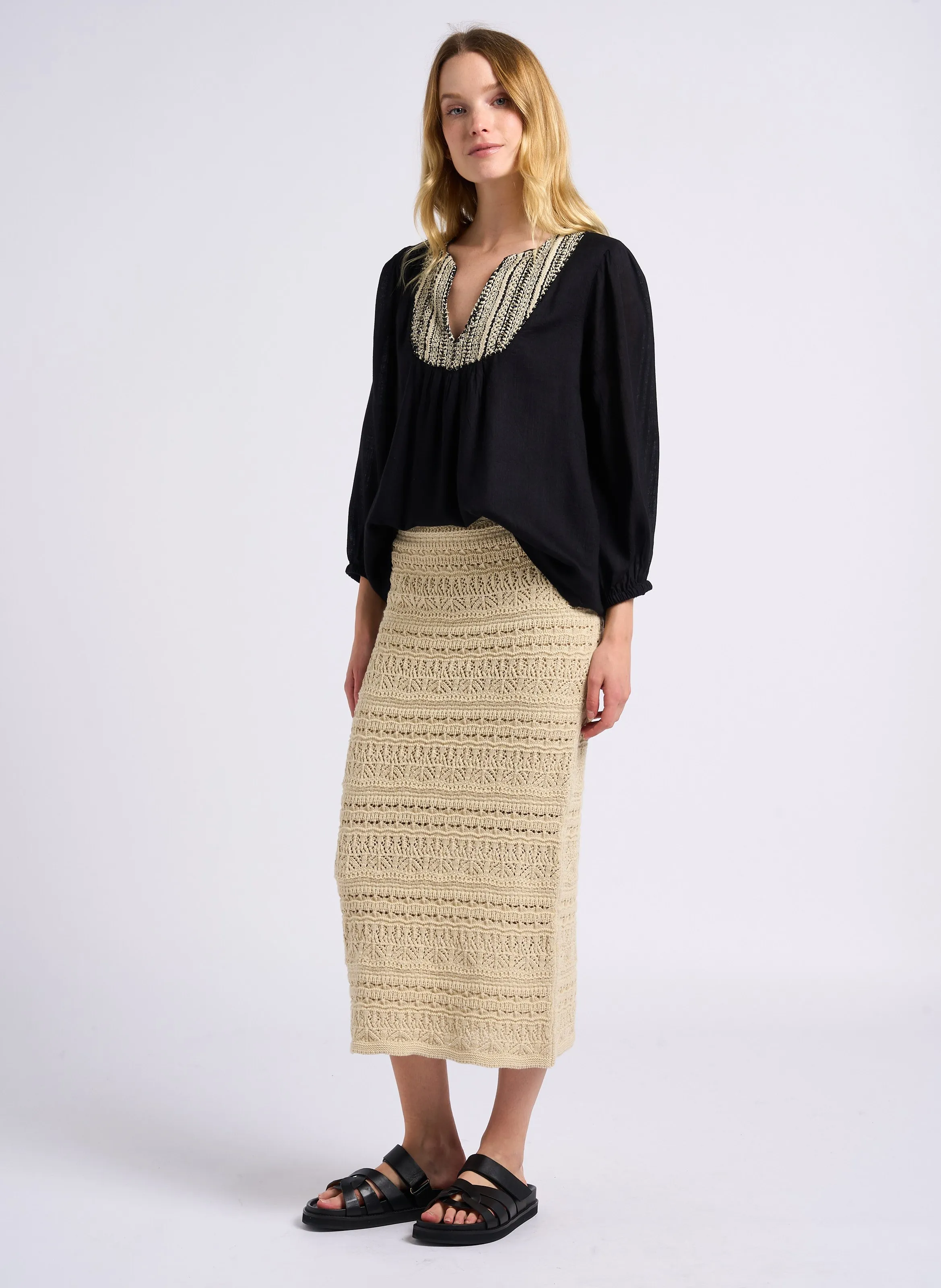 MAISON 123 BRIDGET - Falda de macramé de algodón mezclado en beige