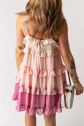 Mujer rosa Ombre Swiss Dot Ruffled Tiered Mini Vestido