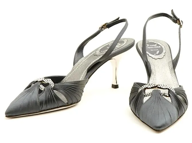 Rene Caovilla Tacones EU37.5 Gris Satén Zapatos Slingback US7 NIB Plata 