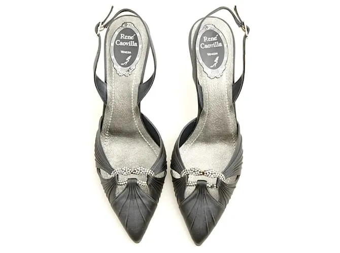 Rene Caovilla Tacones EU37.5 Gris Satén Zapatos Slingback US7 NIB Plata 