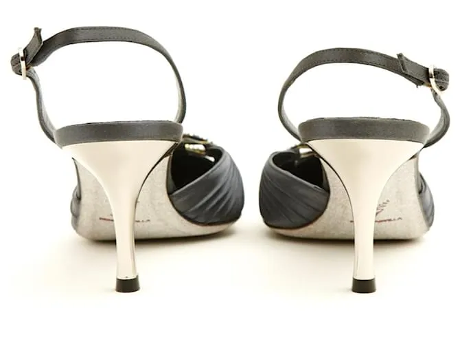 Rene Caovilla Tacones EU37.5 Gris Satén Zapatos Slingback US7 NIB Plata 