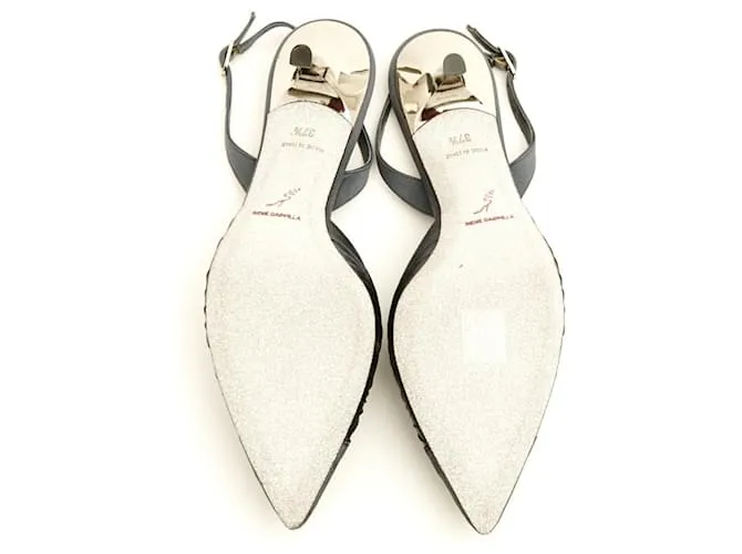 Rene Caovilla Tacones EU37.5 Gris Satén Zapatos Slingback US7 NIB Plata 