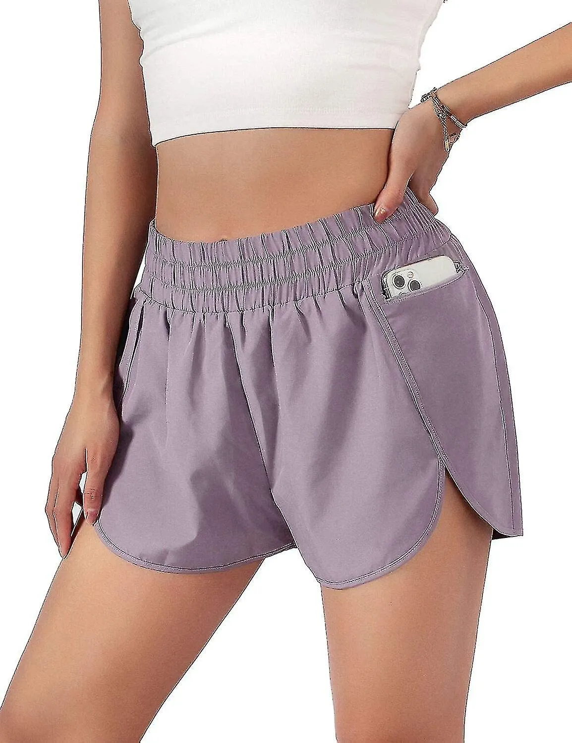 sport layer elastic waist active workout shorts-purple-l