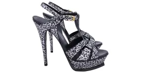 Tacones de plataforma T-Strap en cuero plateado con estampado de leopardo Saint Laurent Tribute Impresión de pitón 