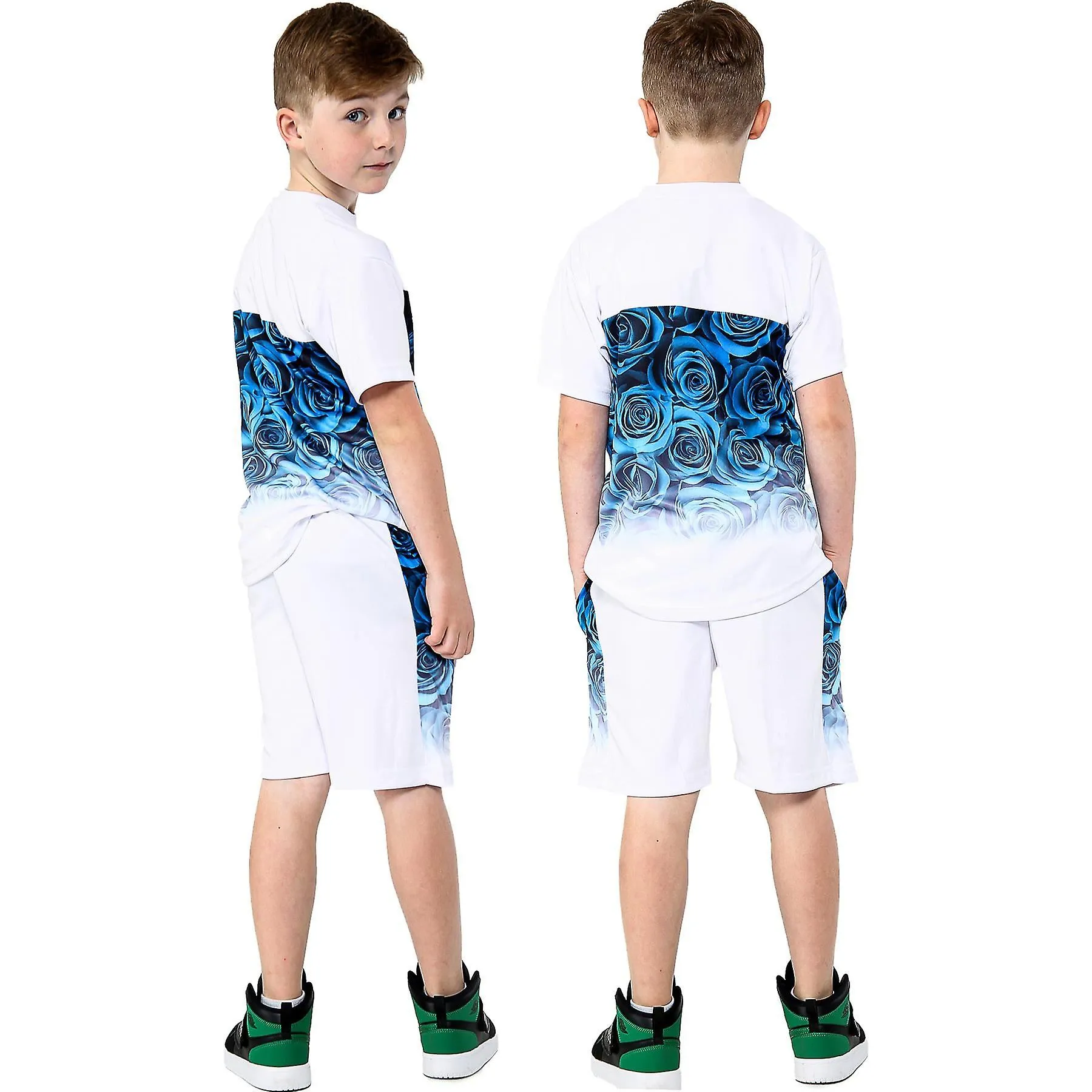 Unisex Blue Flower Two Tone Fade Gradient Print Shorts Set