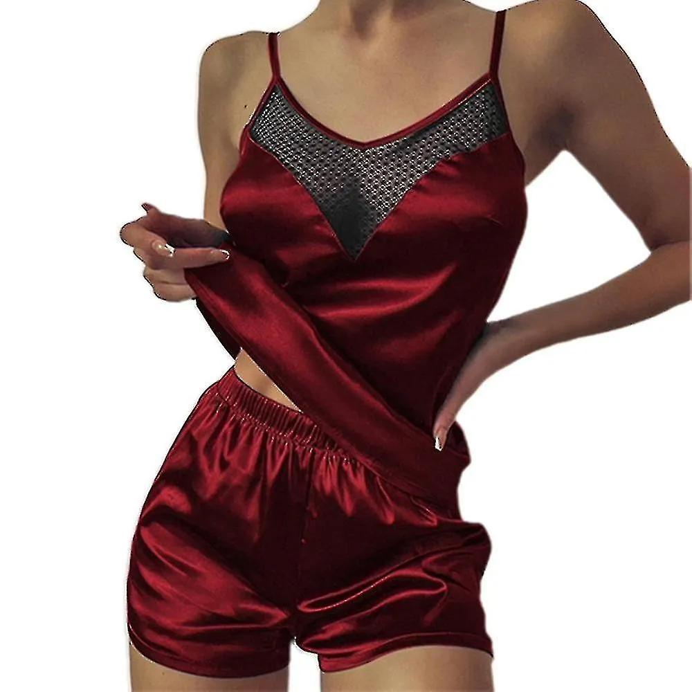 Women Satin Silk Mesh Cami Vest Shorts Pyjama Set Sleepwear