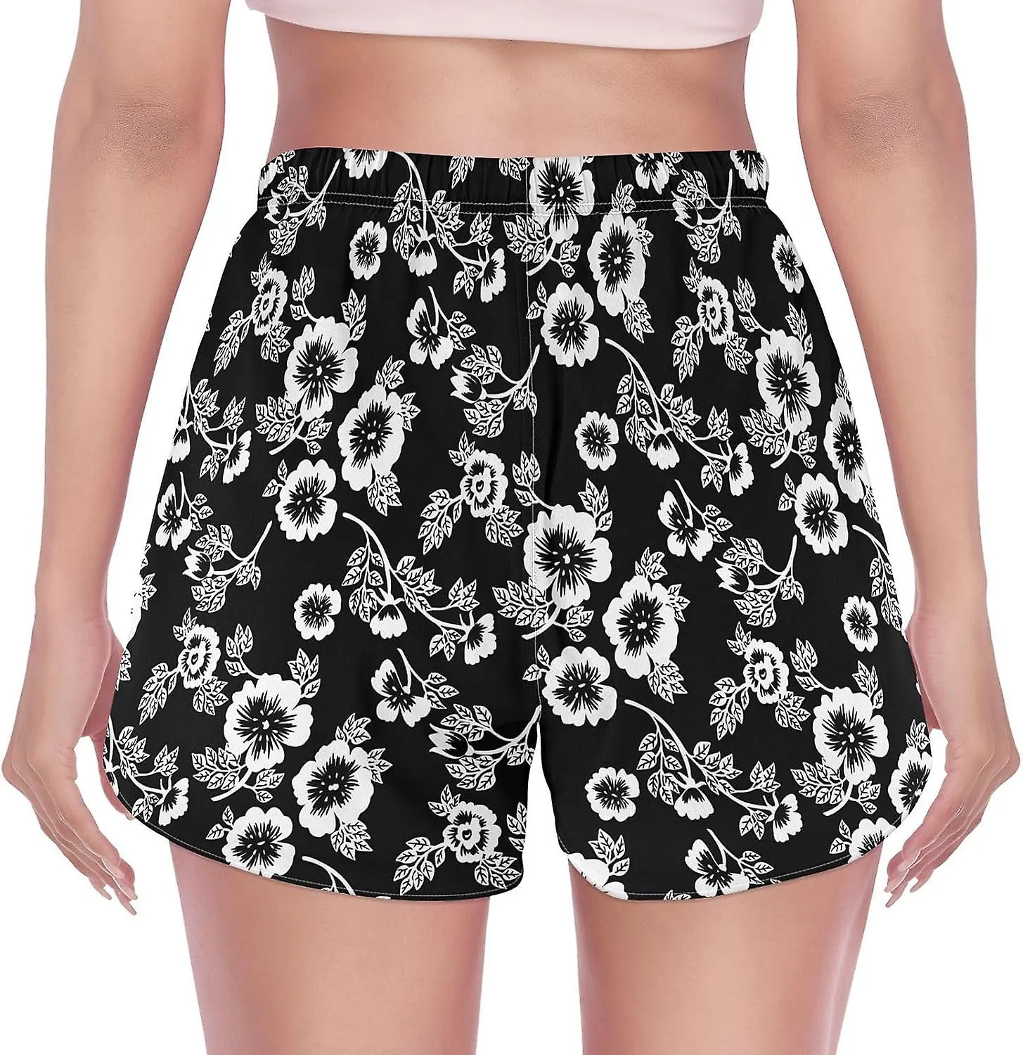 Women's Athletic Shorts Black and White ROS Floral Workout Running Gym Quick Dry Liner Shorts with Pockets-Ggb91