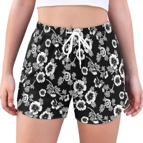 Women's Athletic Shorts Black and White ROS Floral Workout Running Gym Quick Dry Liner Shorts with Pockets-Ggb91